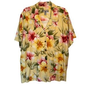 Caribbean Joe Tropical Button Top Womens Size 3X Yellow Hawaiian Floral Aloha